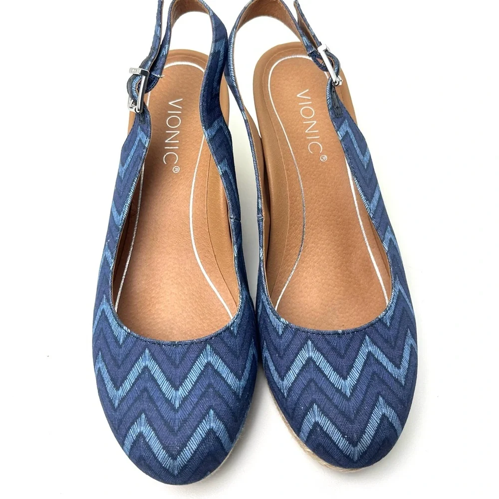 Vionic Coralina Blue Chevron Slingback Espadrille Summer Wedges